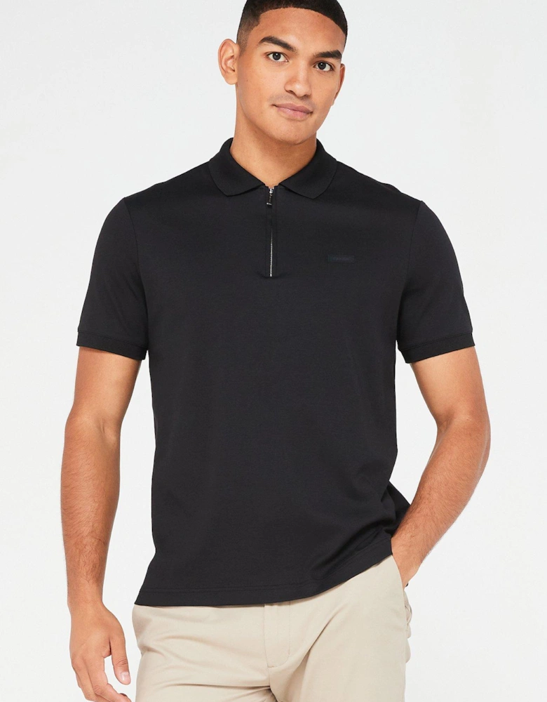 Smooth Cotton Zip Neck Polo Shirt - Black
