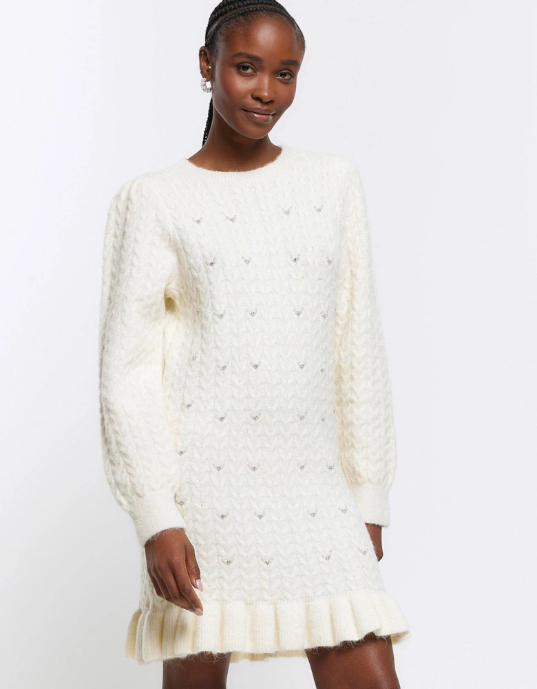Embellished Knit Dress - Cream