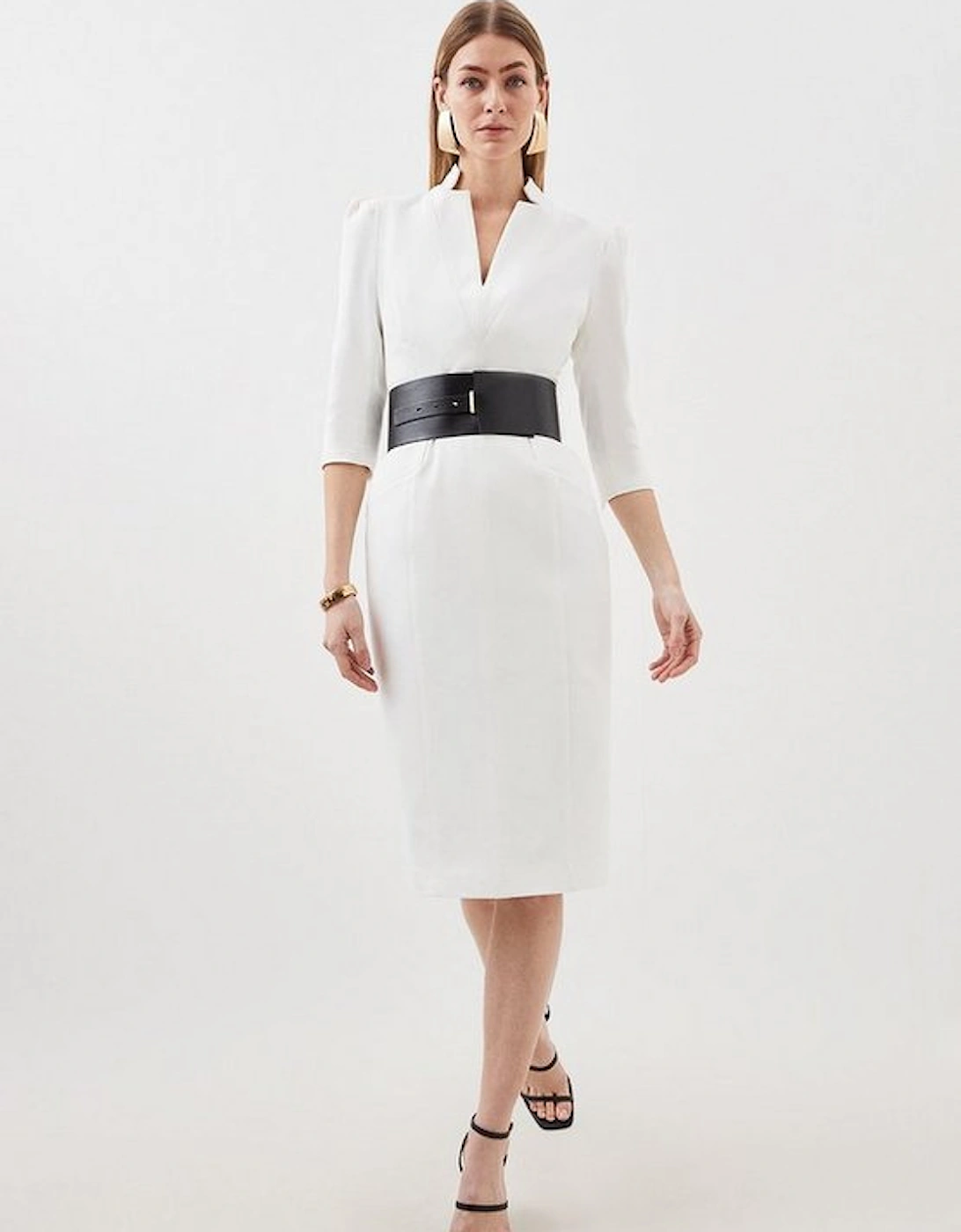 Tailored Structured Crepe Forever Wide Belt Pencil Midi Dress, 5 of 4