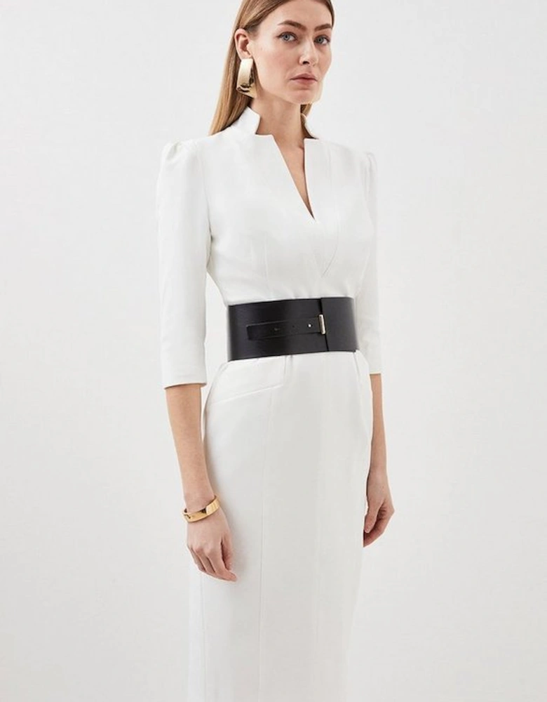 Tailored Structured Crepe Forever Wide Belt Pencil Midi Dress