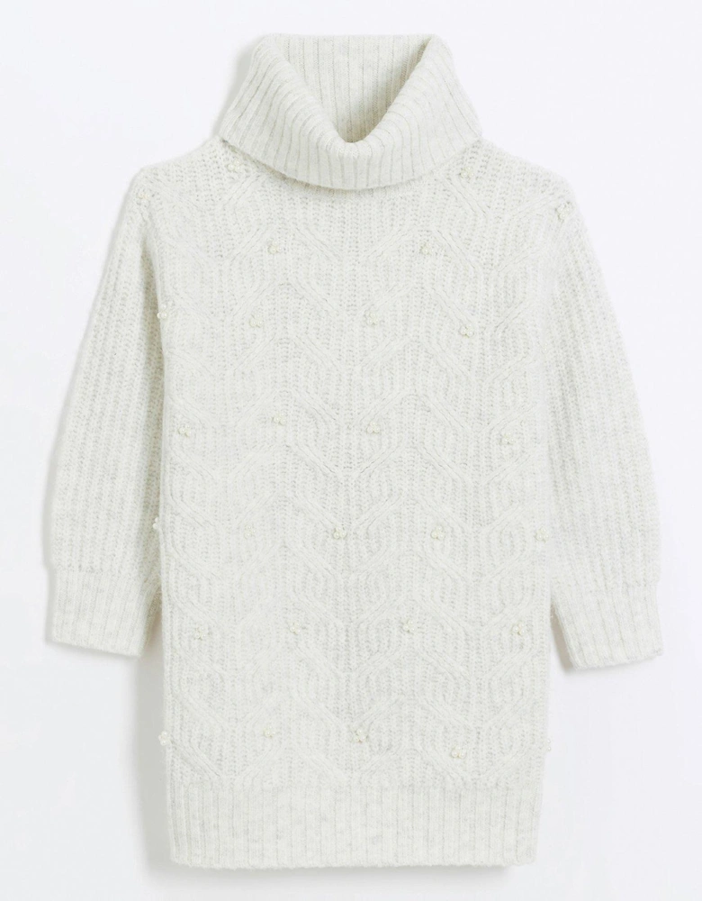 Girls Embellished Cable Knit Dress - Grey