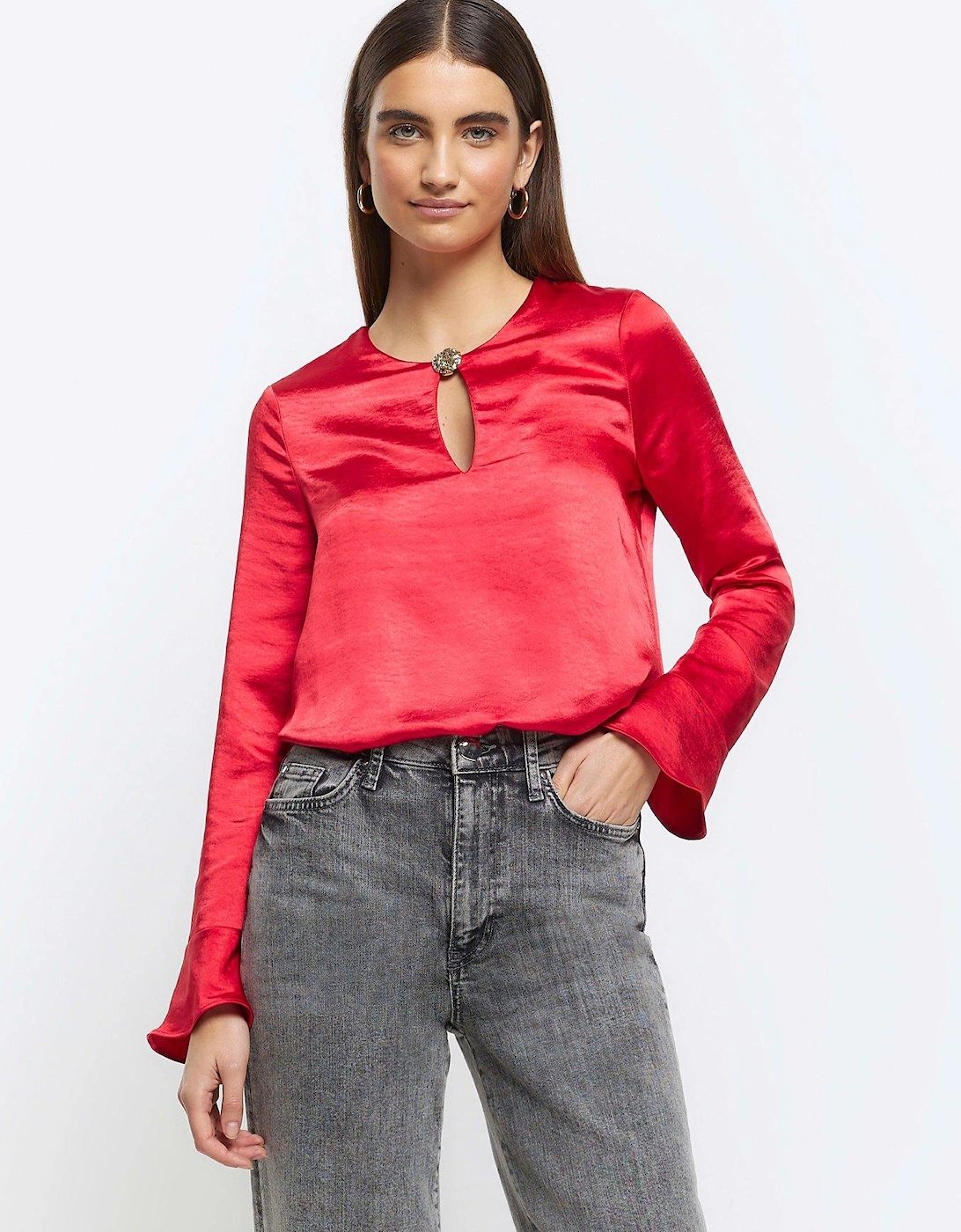 Satin Keyhole Blouse - Red, 6 of 5