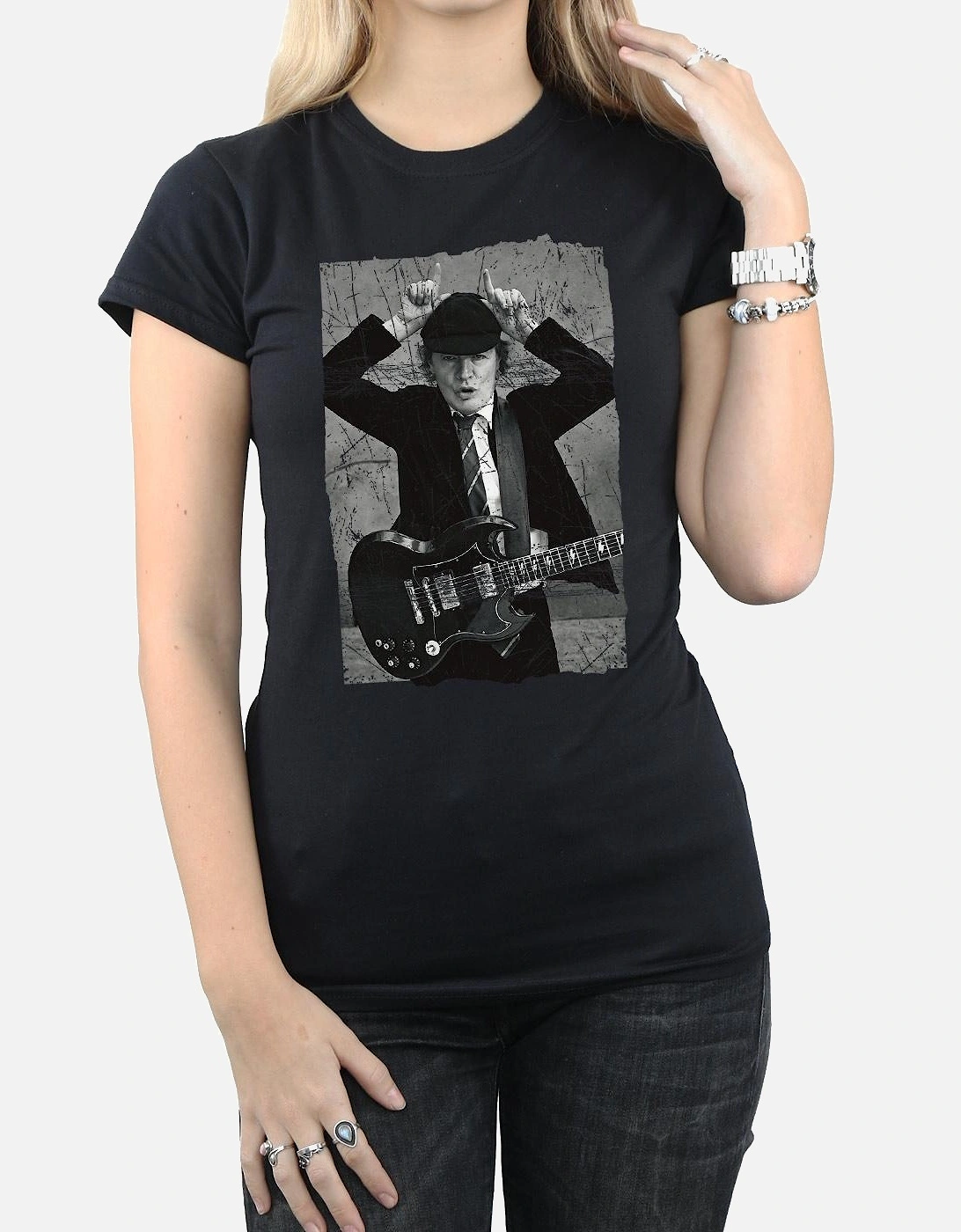 Womens/Ladies Angus Young Distressed Photo Cotton T-Shirt