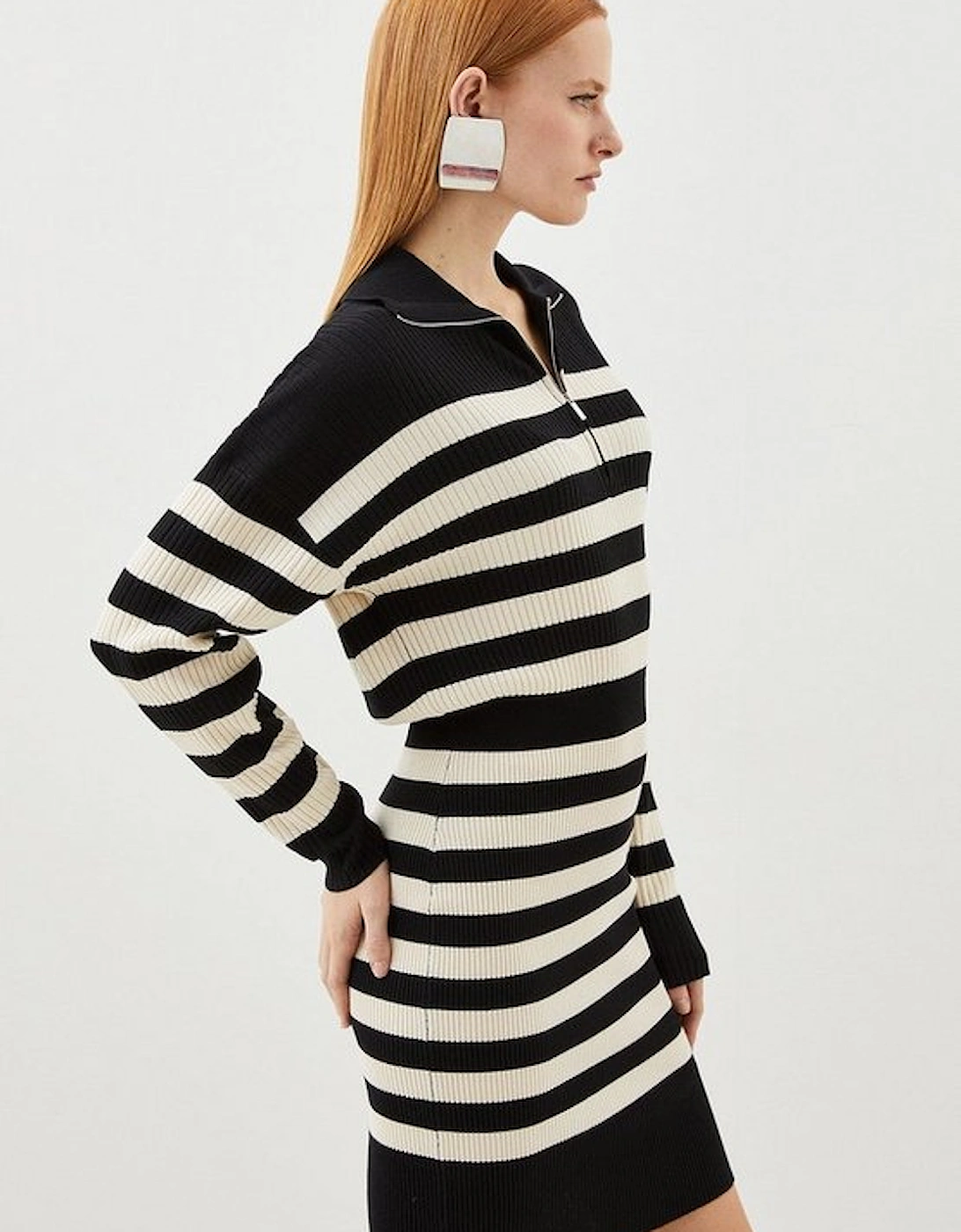 Viscose Blend Fly Collar Rib Knit Stripe Mini Dress