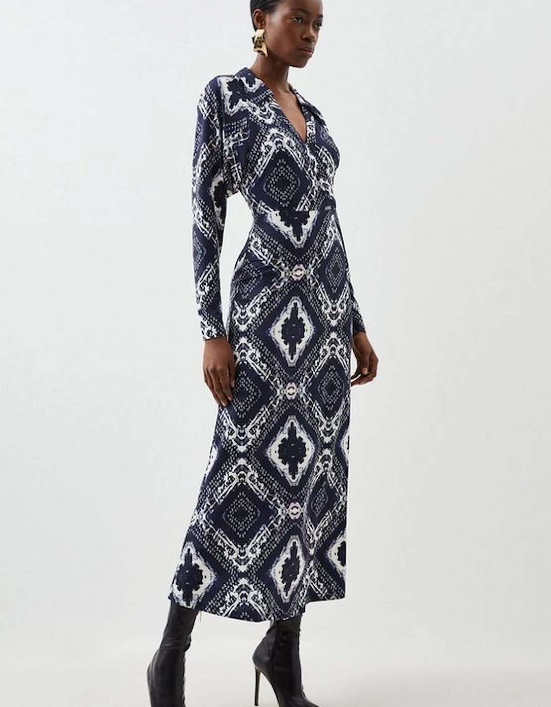 Jersey Boarder Print V Neck Midi Dress