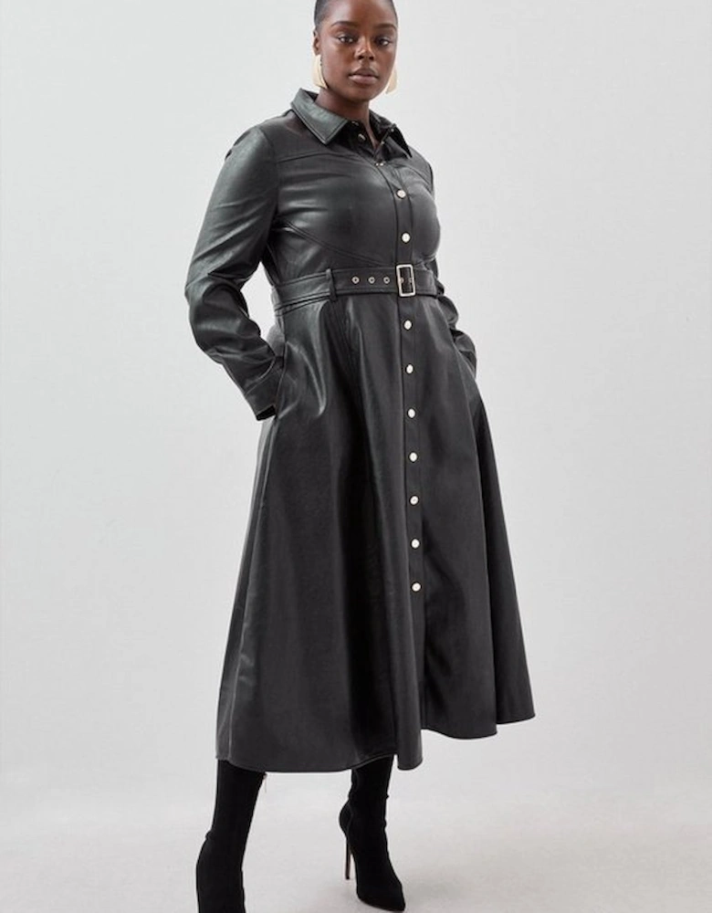 Plus Size Faux Leather Long Sleeved Belted Midi Shirt Dress