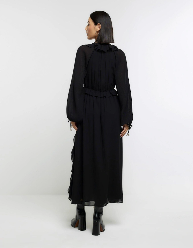 Pleated Frill Midaxi Dress - Black