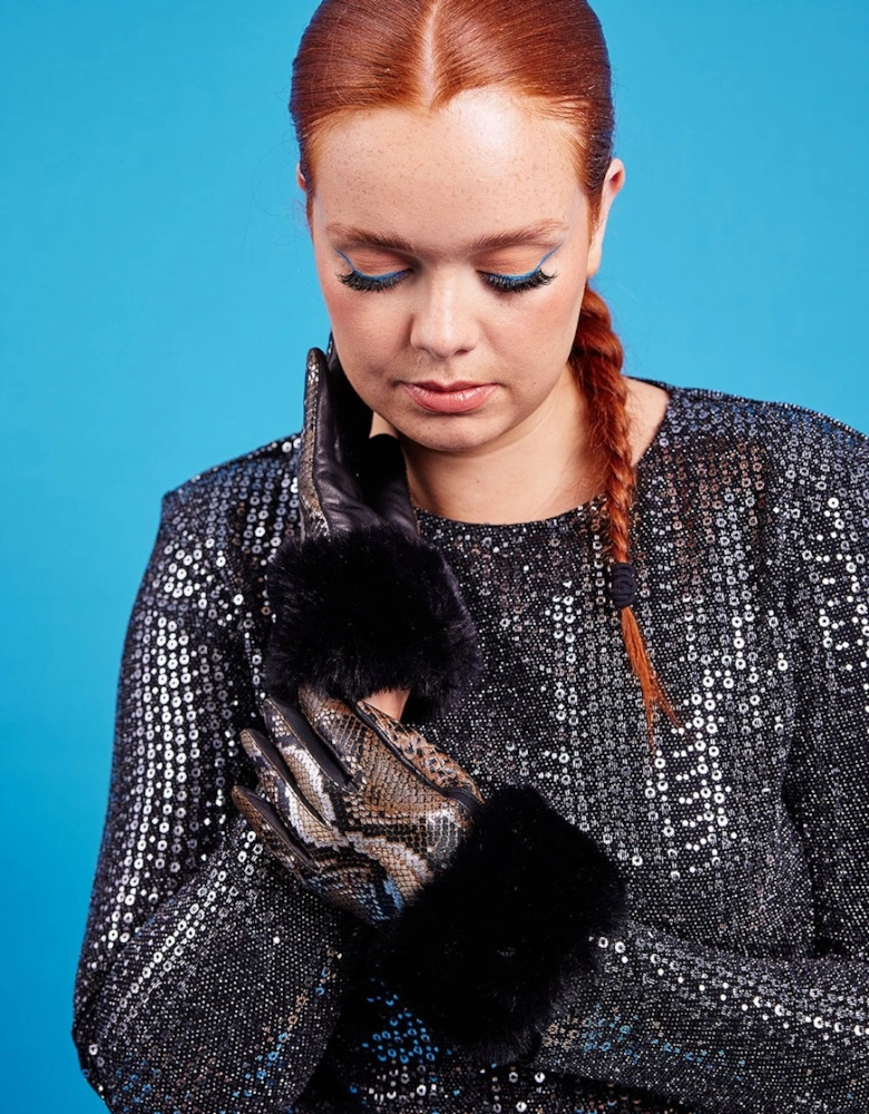 Khaki Leather Snake Print Effect Gloves with Faux Fur Cuff