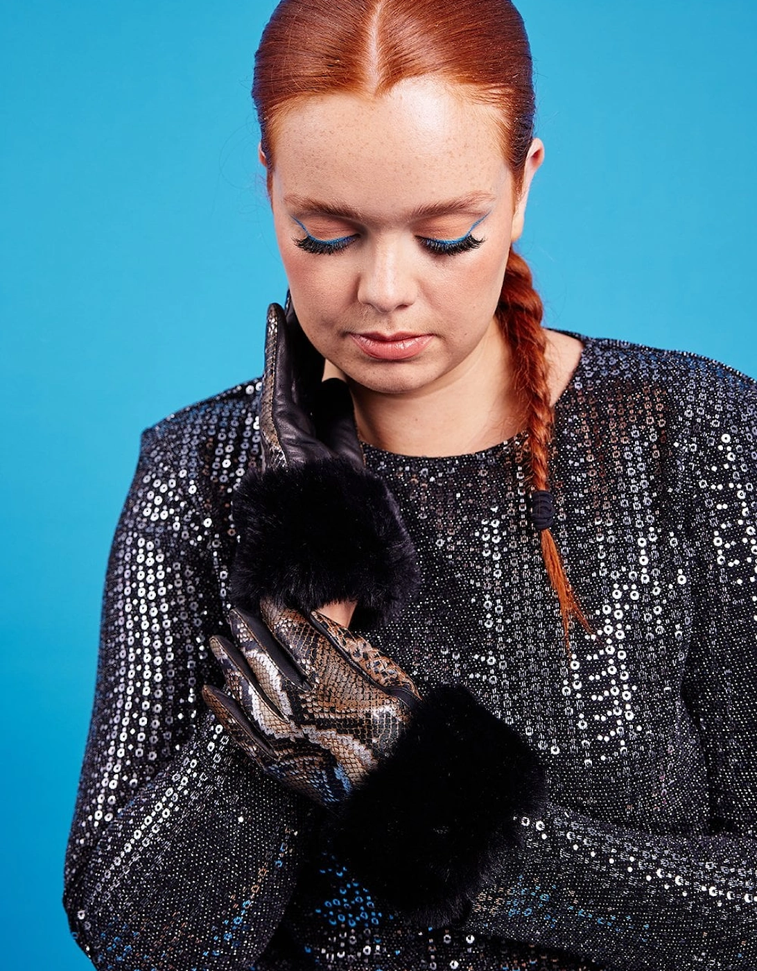 Khaki Leather Snake Print Effect Gloves with Faux Fur Cuff, 3 of 2