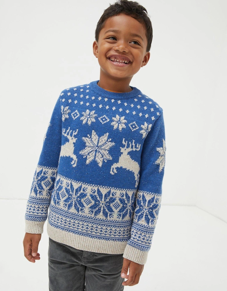 Boys Family Deer Christmas Knitted Jumper - Blue