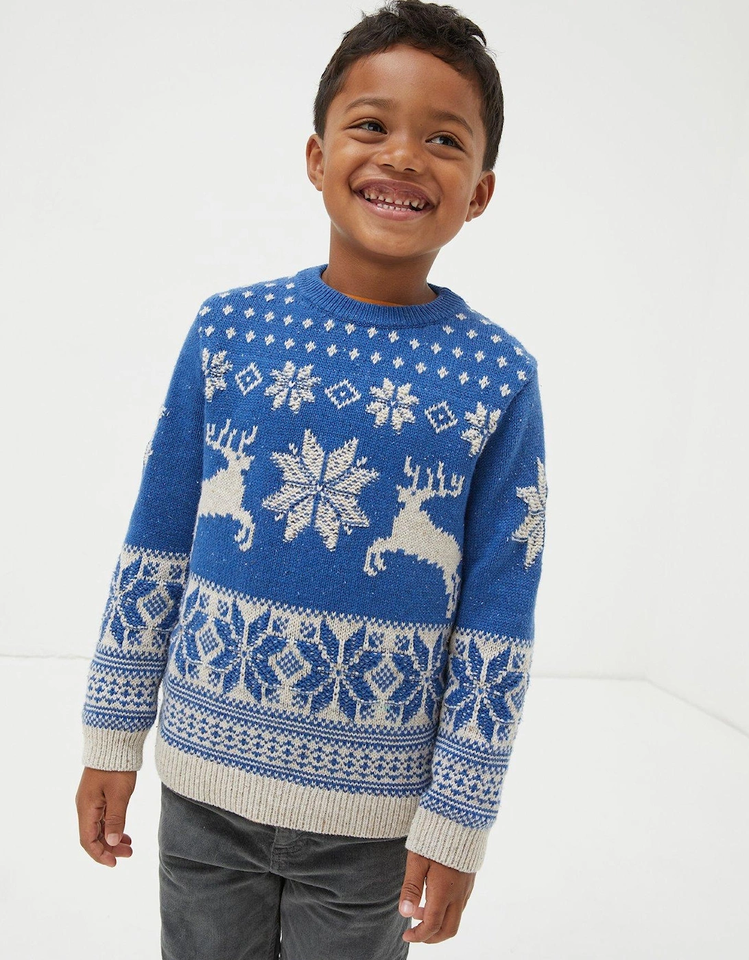 Boys Family Deer Christmas Knitted Jumper - Blue