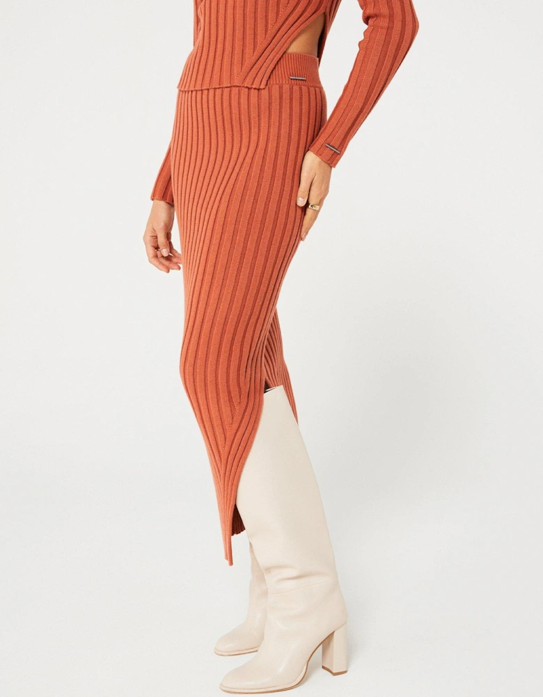 Wool Blend Side Split Knitted Midi Skirt - Orange