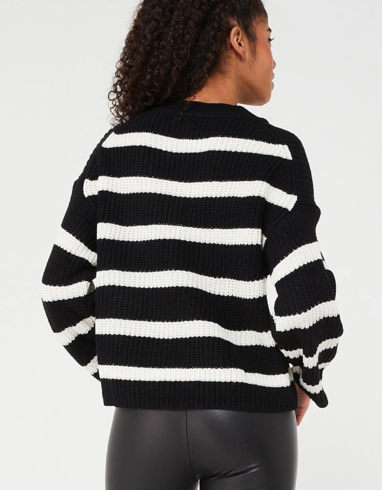 Justy Long Sleeve Stripe Knitted Pullover - Black