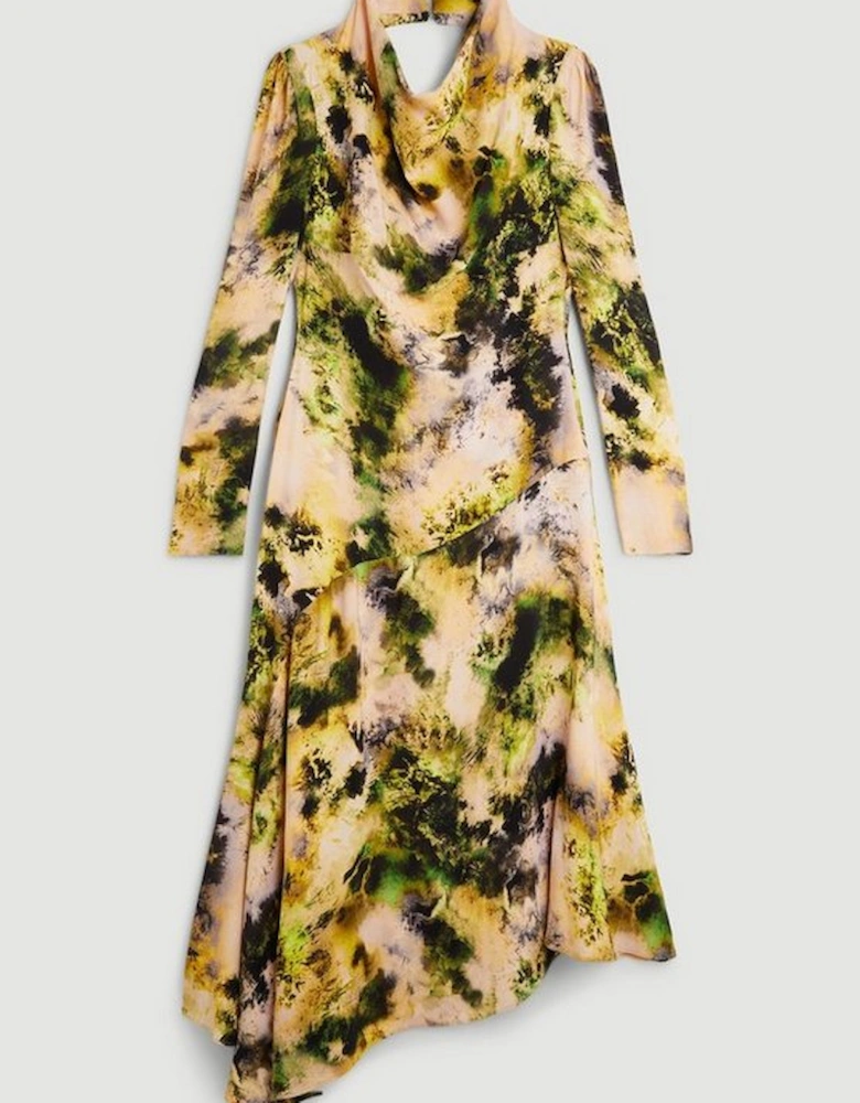 Abstract Print Viscose Satin Asymmetric Woven Maxi Dress