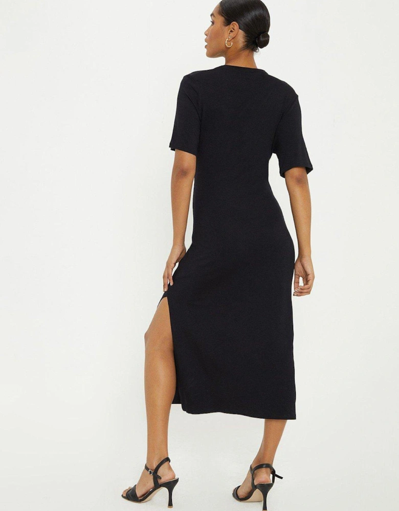 Ruched Short Sleeve Midi Dress - Black