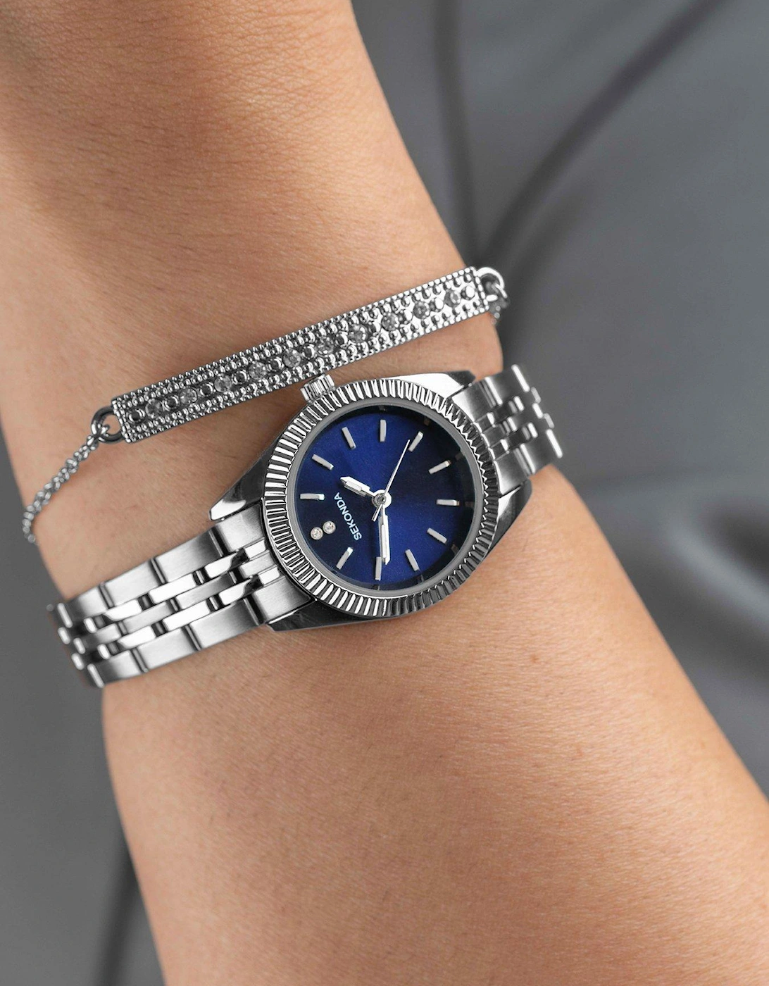 Classic Gift Set Womens 26mm Analogue Watch with Blue Dial, Silver Stainless Steel Bracelet and Stone Set Matching Bracelet