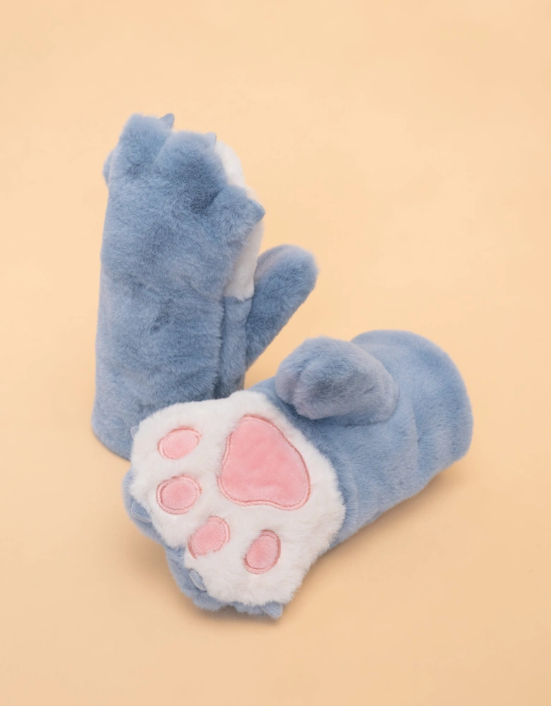 KIDS FLUFFY MITTENS - BEAR PAW BLUE