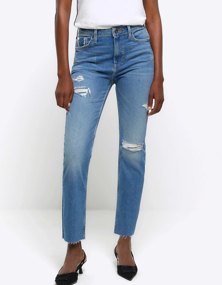 Slim Fit Ripped Straight Jeans - Medium Denim