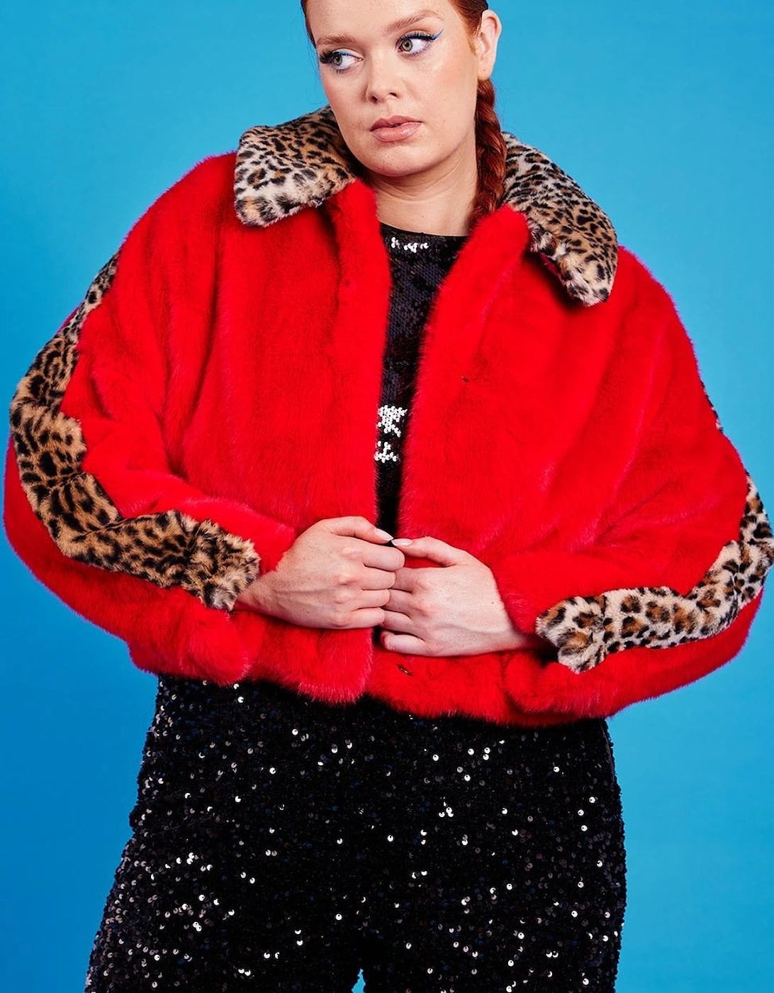 Red and Leopard Print Faux Fur Coat, 5 of 4