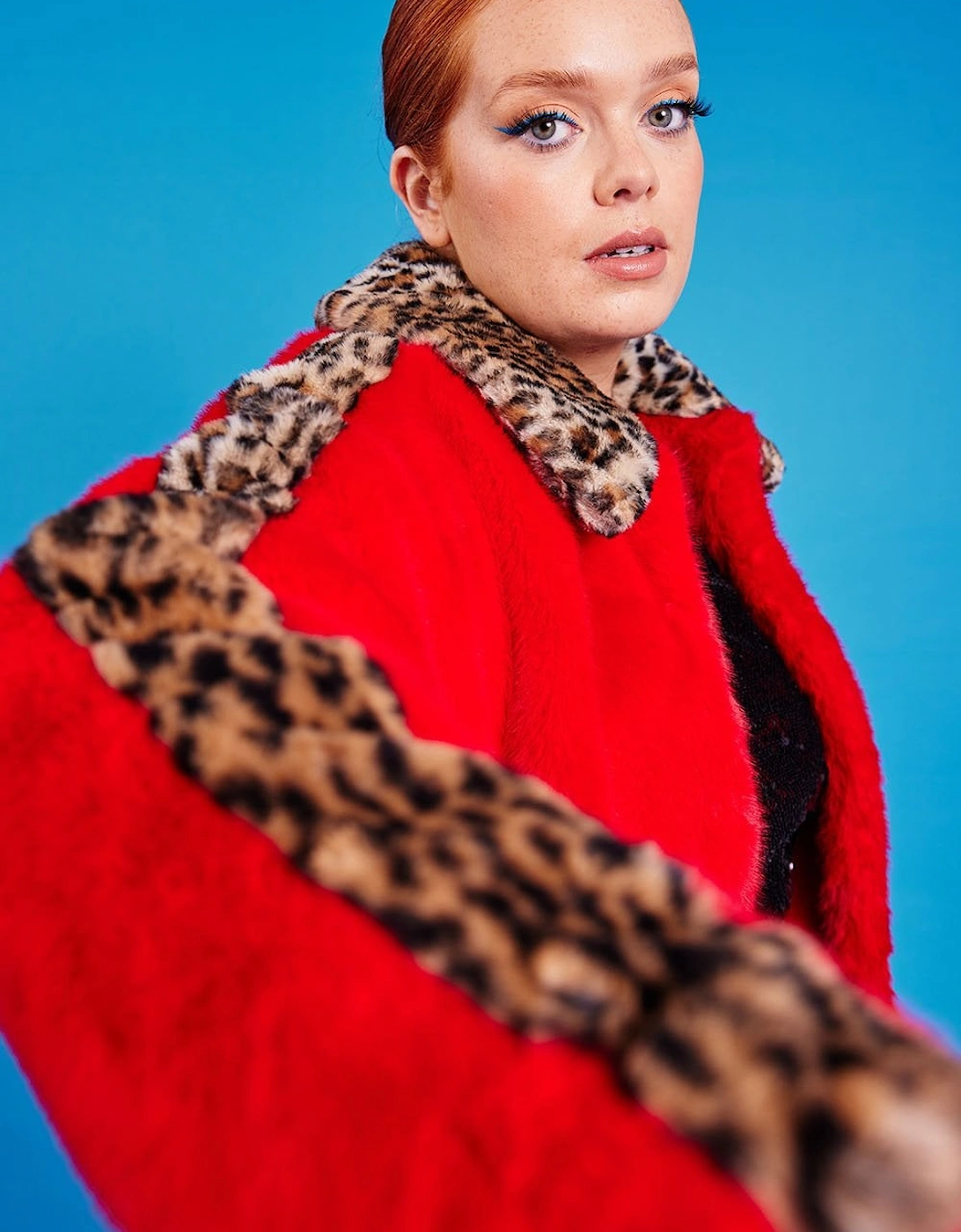 Red and Leopard Print Faux Fur Coat