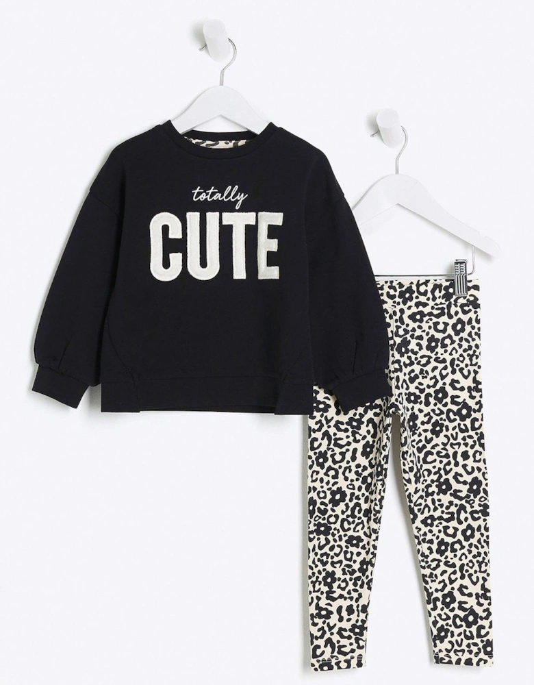 Mini Mini Girl Faux Fur Sweatshirt Set - Black