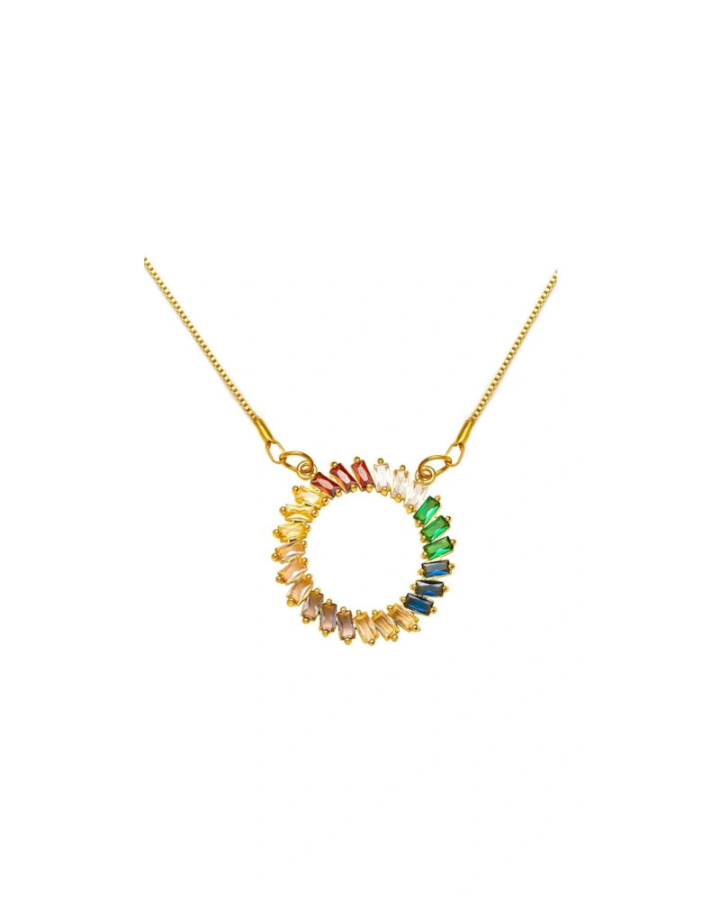 Gold Plated Baguette Circular Rainbow Crystal Necklace