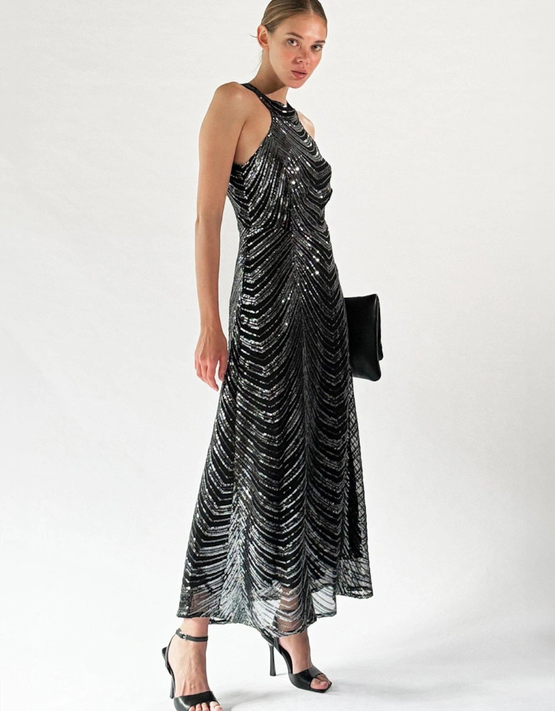 Halterneck Sequin Maxi Dress - Gunmetal 