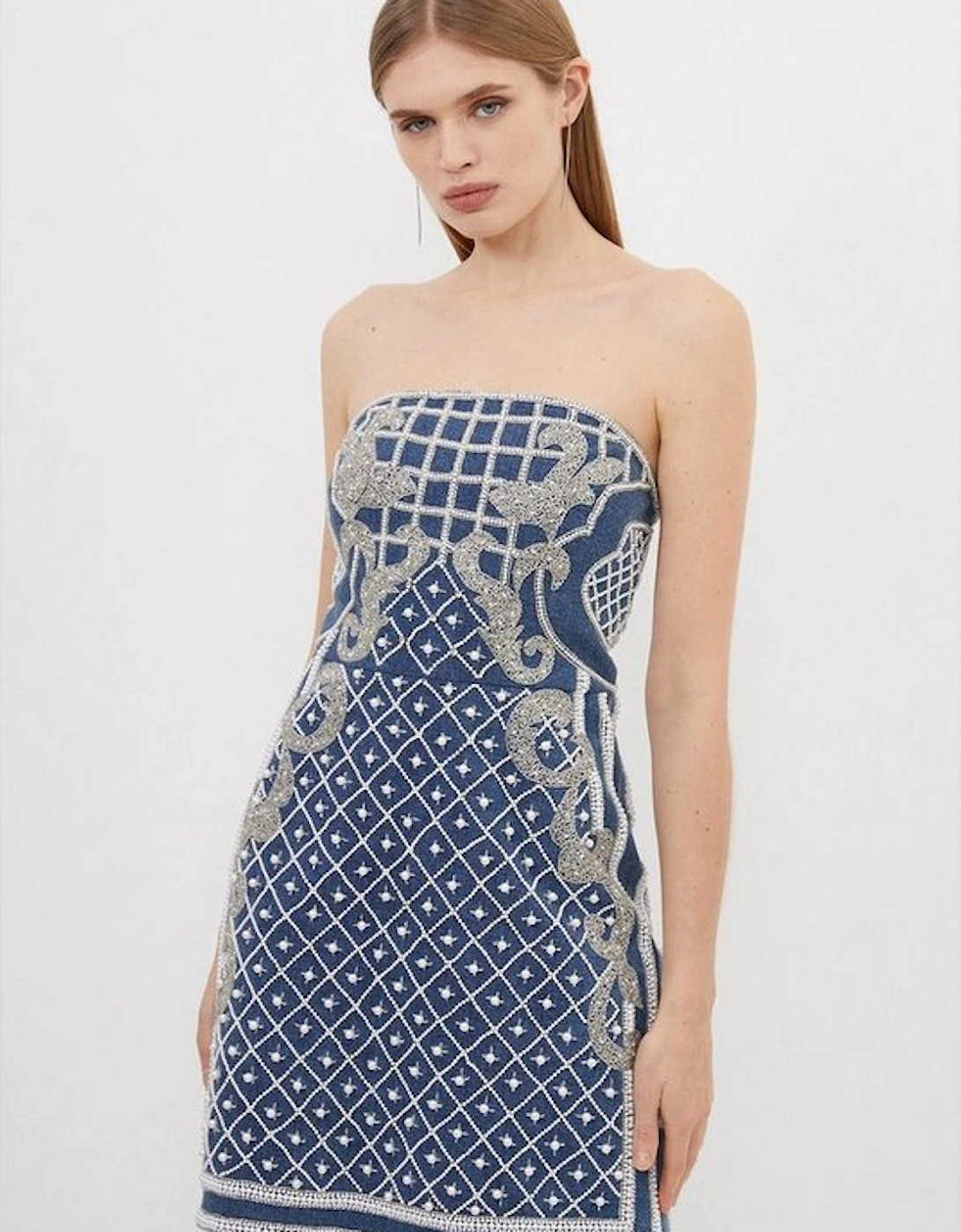 Premium Pearl Embellished Denim Woven Bandeau Mini Dress, 5 of 4