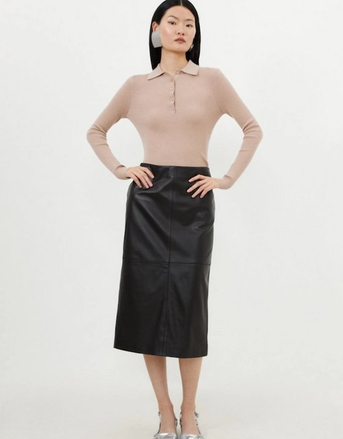 Leather Panel Pencil Midi Skirt