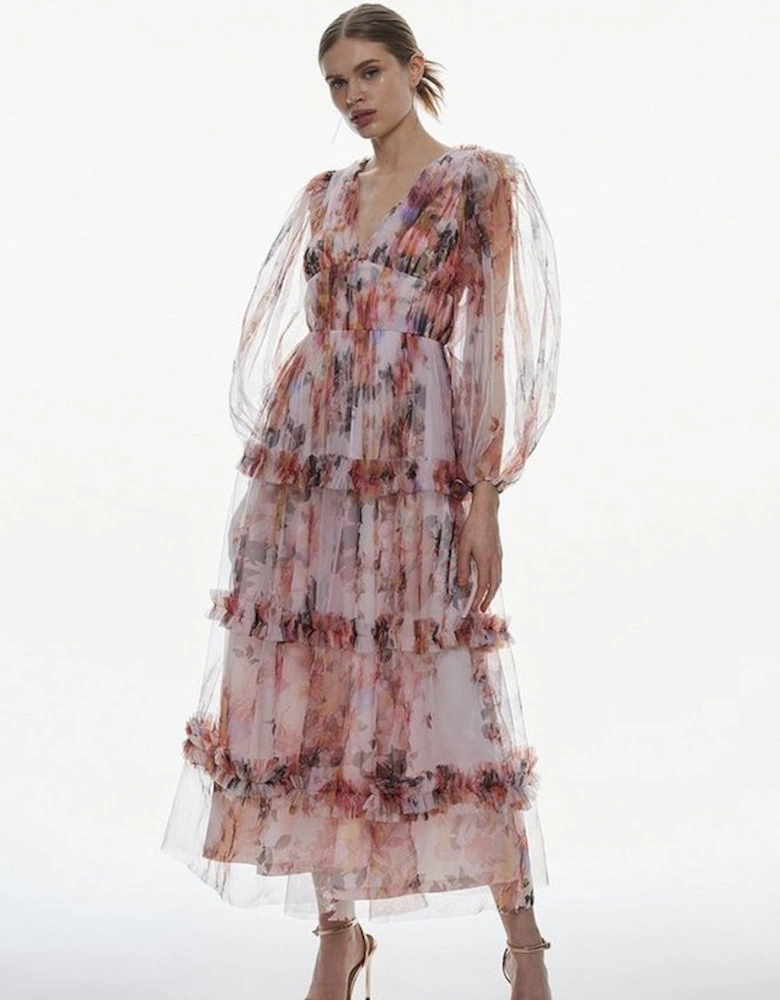 Petite Floral Tulle Plunge Woven Maxi Dress