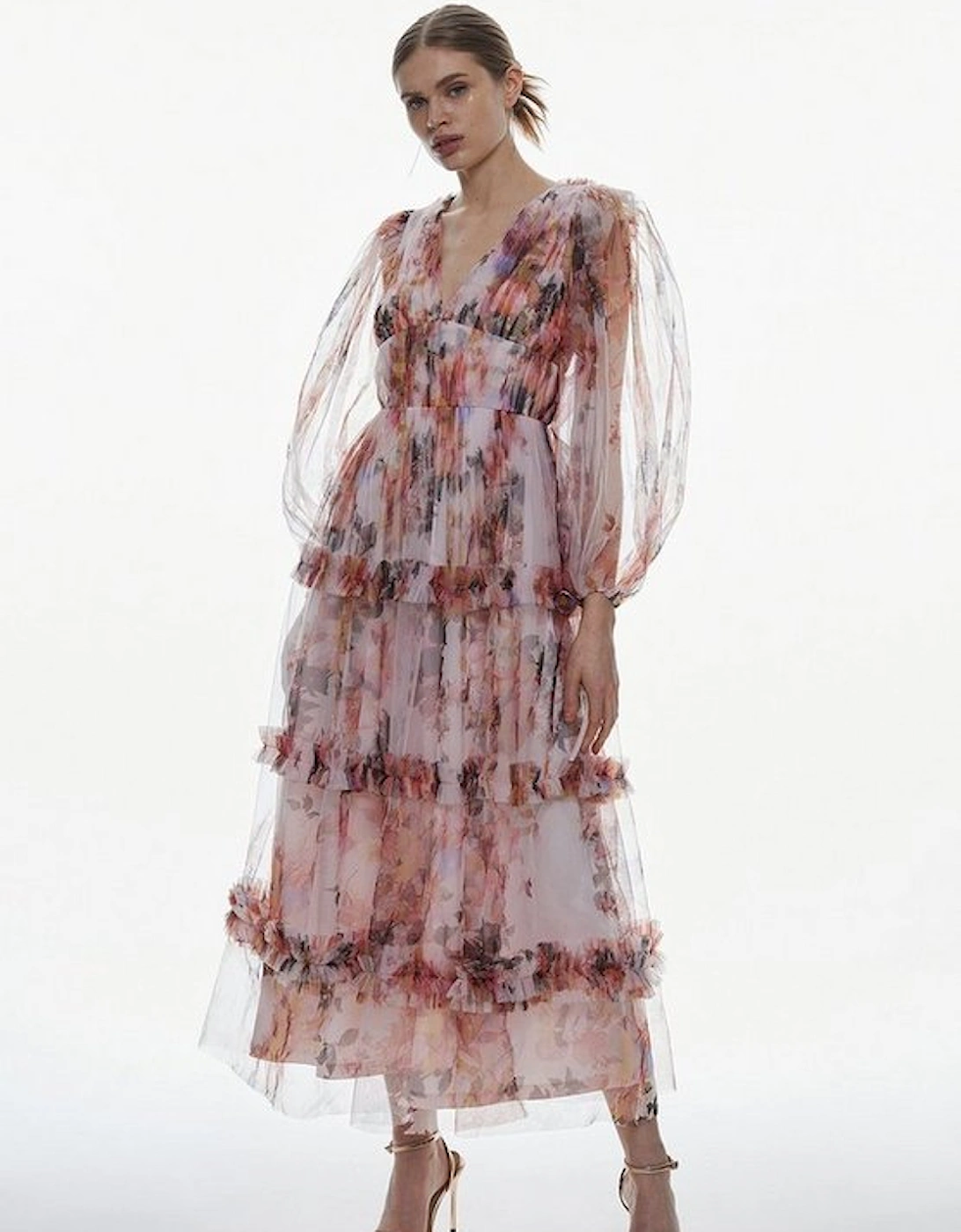 Petite Floral Tulle Plunge Woven Maxi Dress, 5 of 4