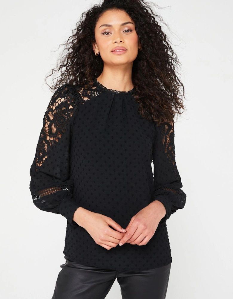 Lace Sleeve Dobby High Neck Blouse - Bla