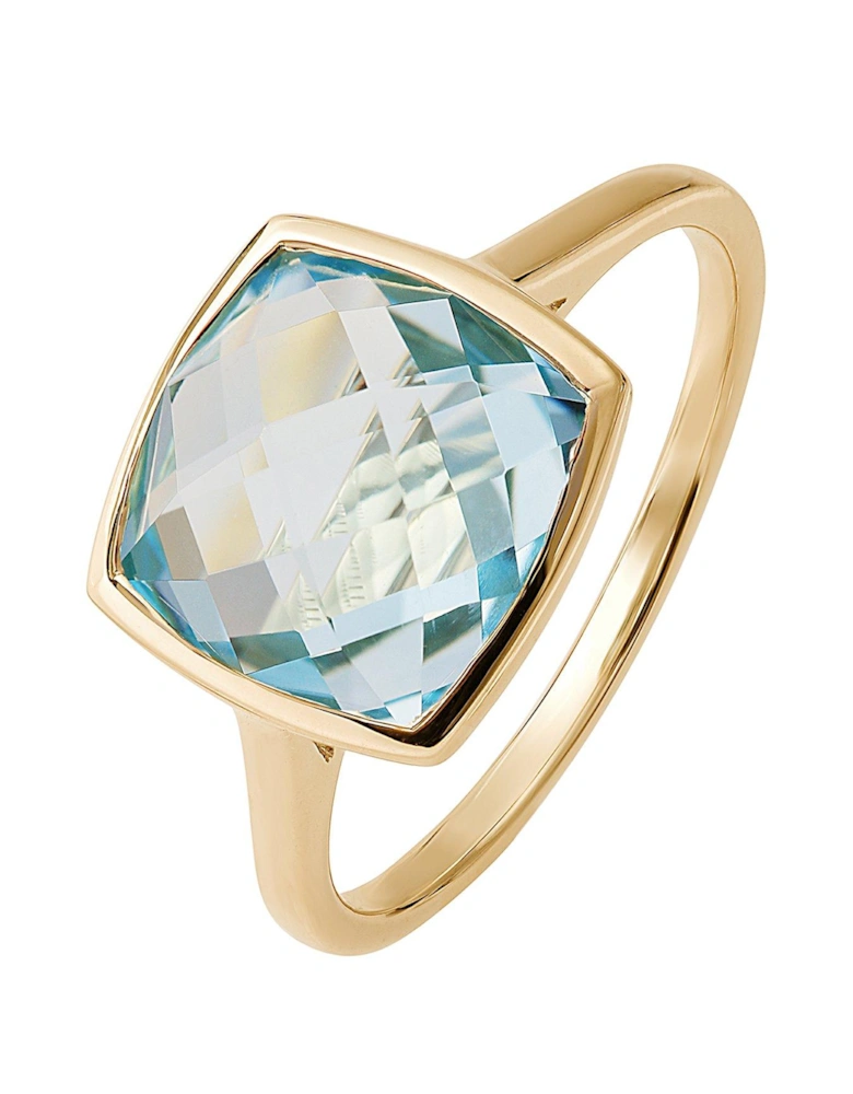 9ct Yellow Gold 9mm Cushion Briolette Cut Natural Sky Blue Topaz Ring