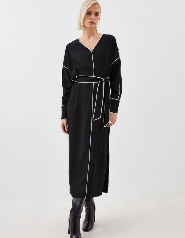 Petite Mono Satin Woven Crepe Contrast Piping Maxi Dress