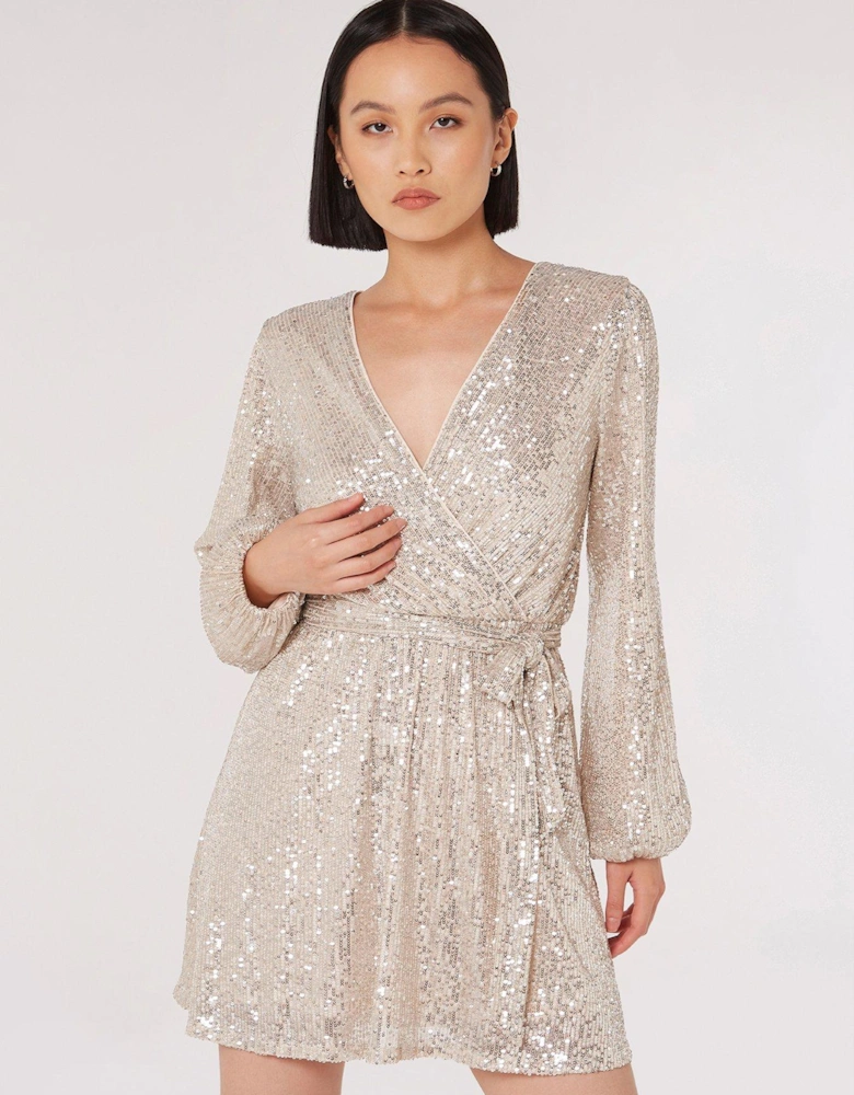 Sequin Wrap Front Dress - Silver 