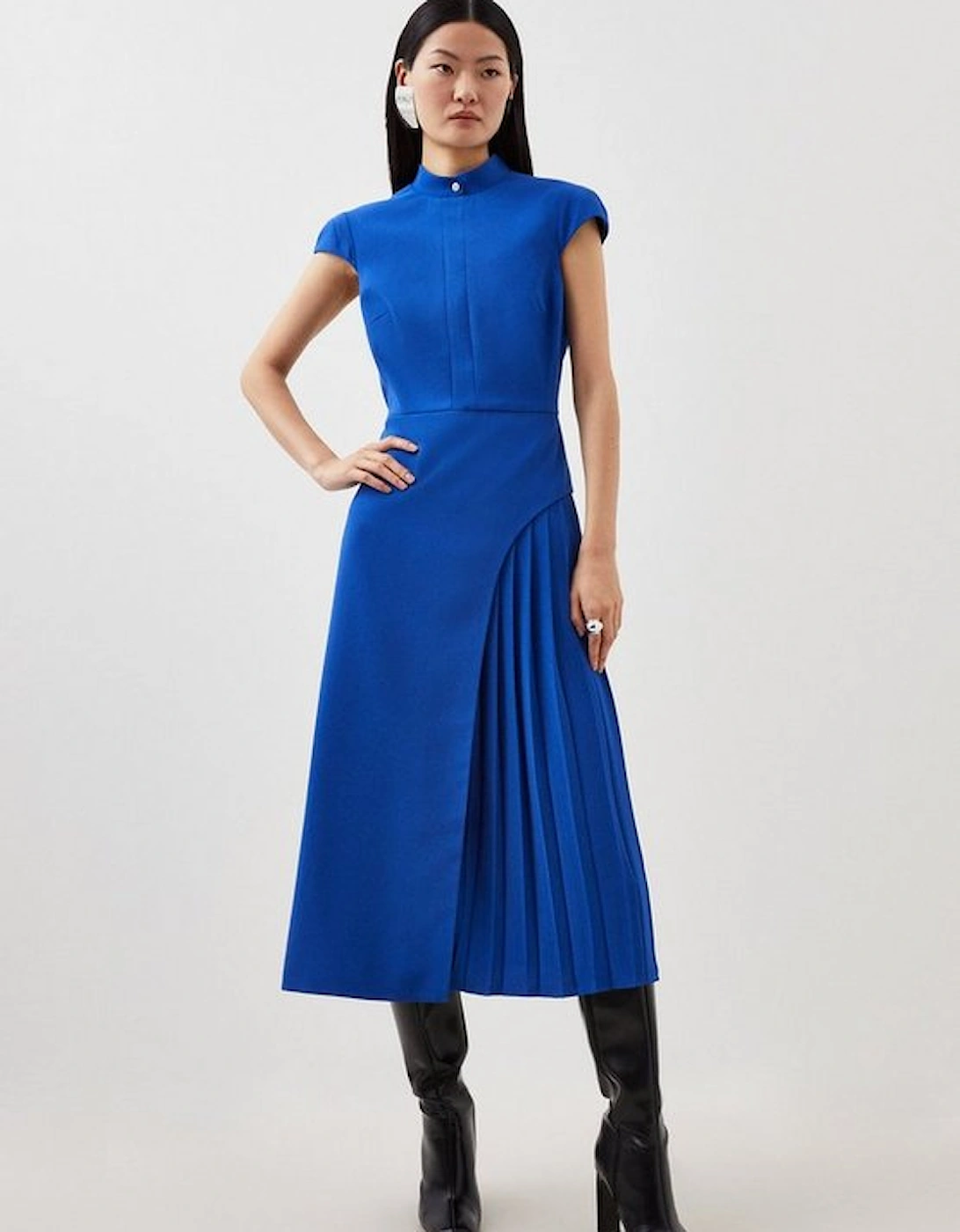 Tailored Crepe High Neck Side Pleat Detail Midi Dress, 5 of 4