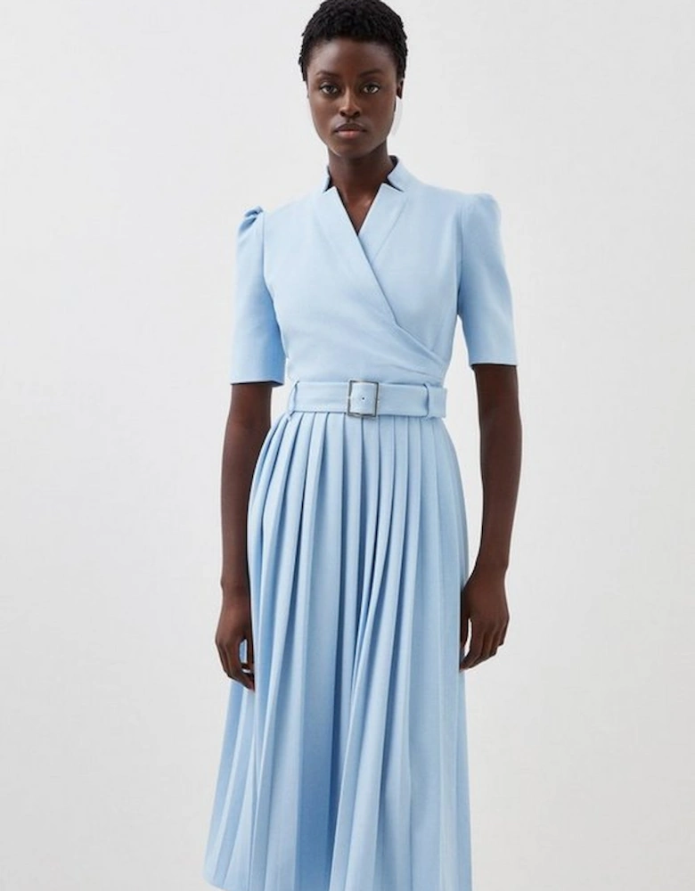 Structured Crepe Notch Neck Wrap Belted Forever Midi Dress