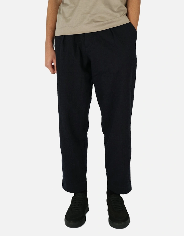 Pleated Track Pant Wool Cotton Check Navy Trouser