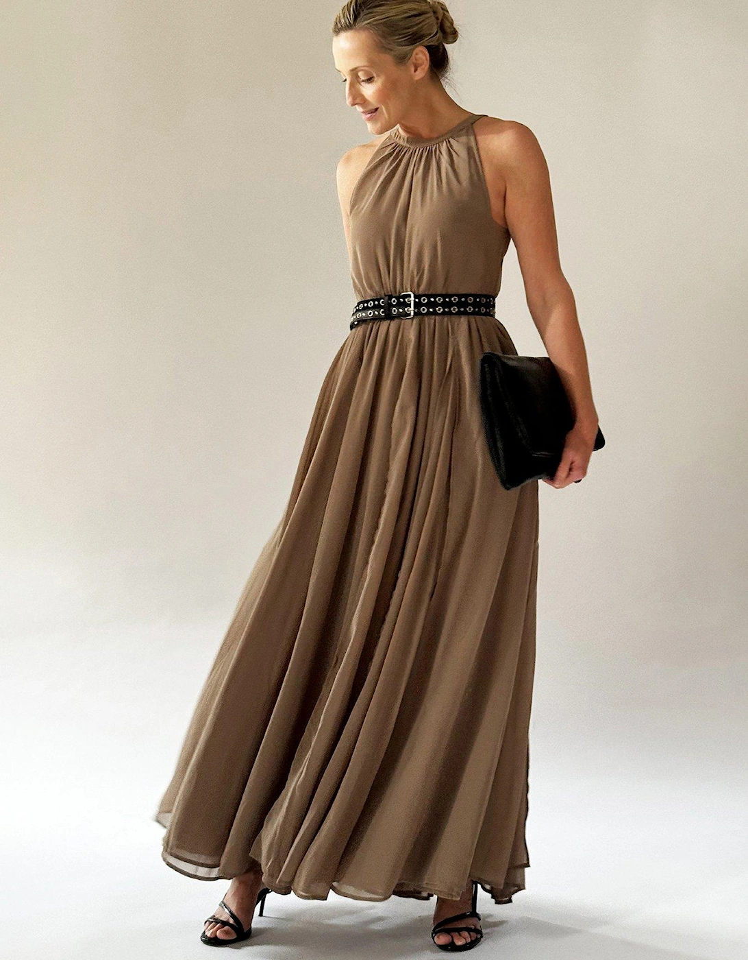 Halterneck Maxi Dress With Floaty Layered Skirt - Beige, 2 of 1