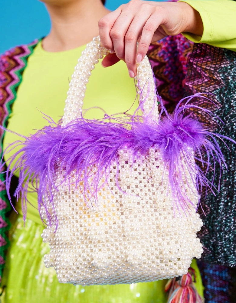 Purple Handmade Pearl Tote Bag with Feather Trim