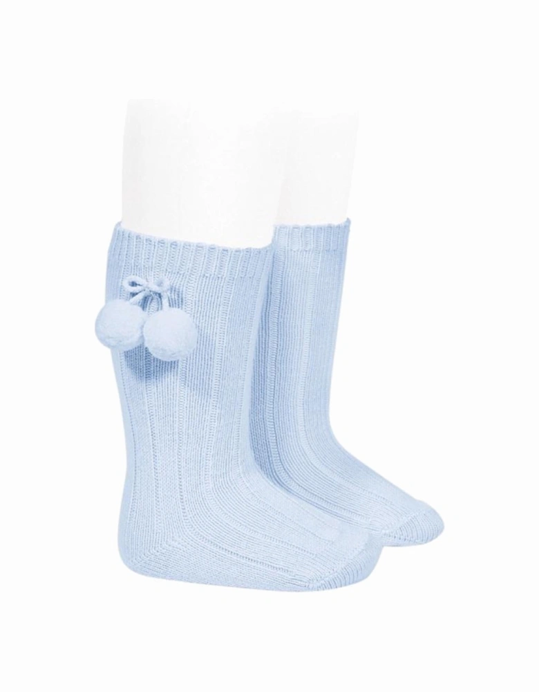 Blue Pom Ribbed Knee Socks