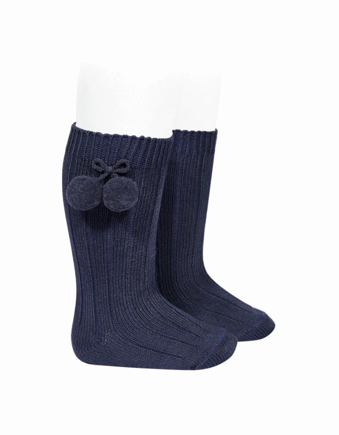 Navy Pom Ribbed Knee Socks, 2 of 1