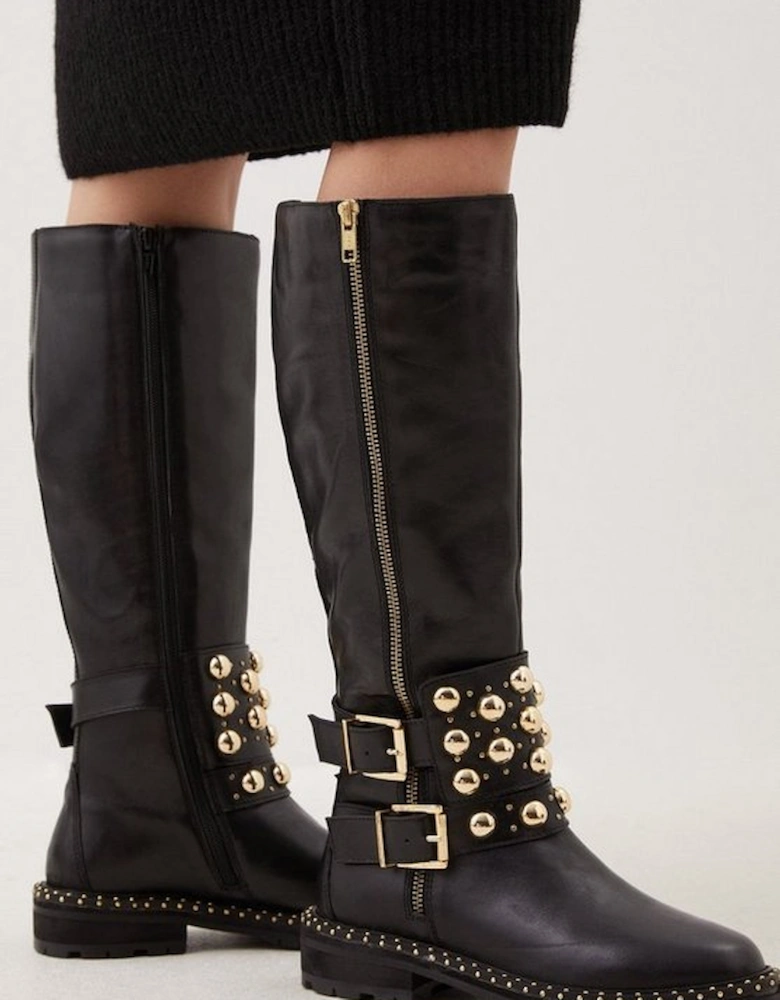 Leather Studded Statement Knee High Boot