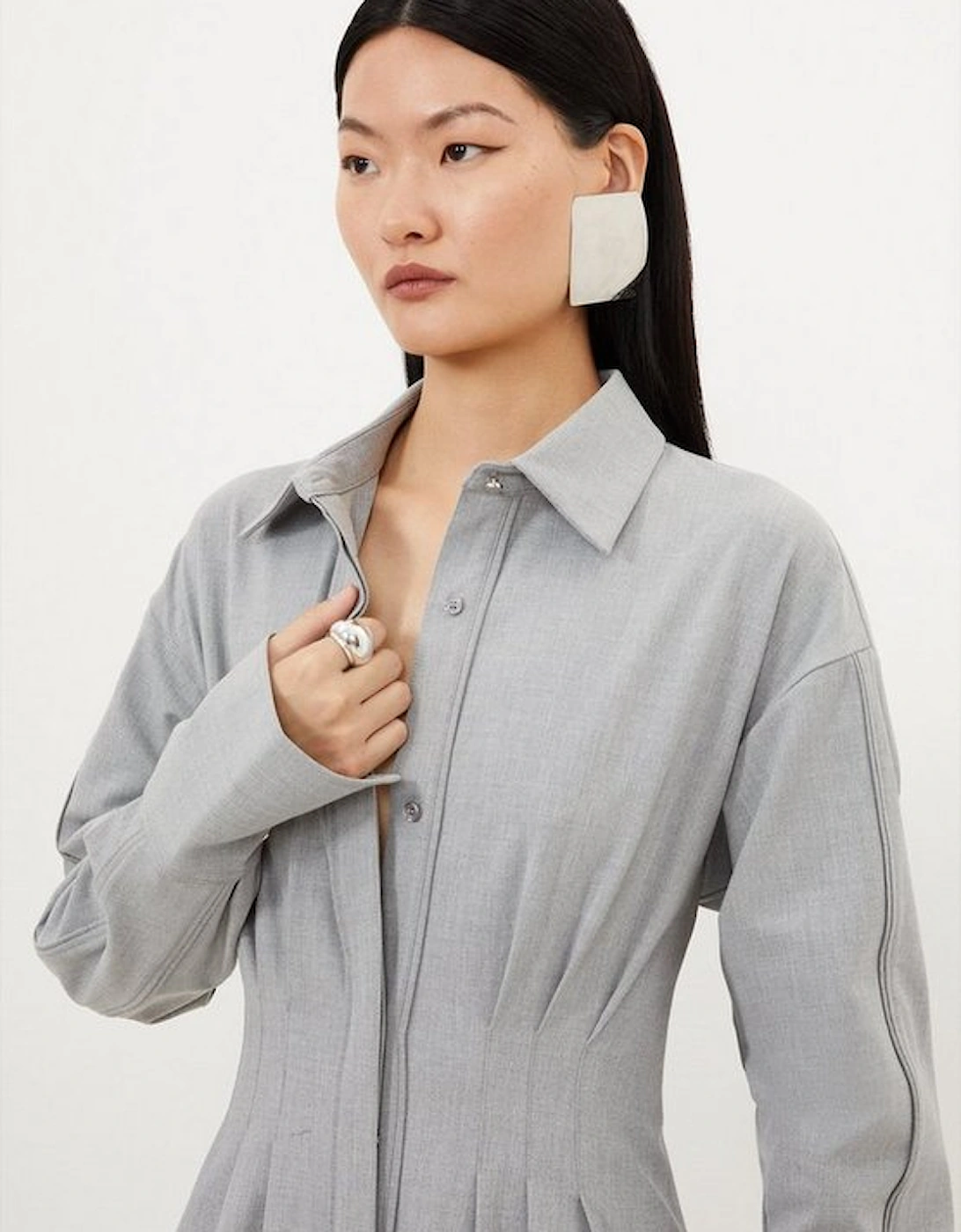 Grey Marl Wool Mix Shirt Midi Dress