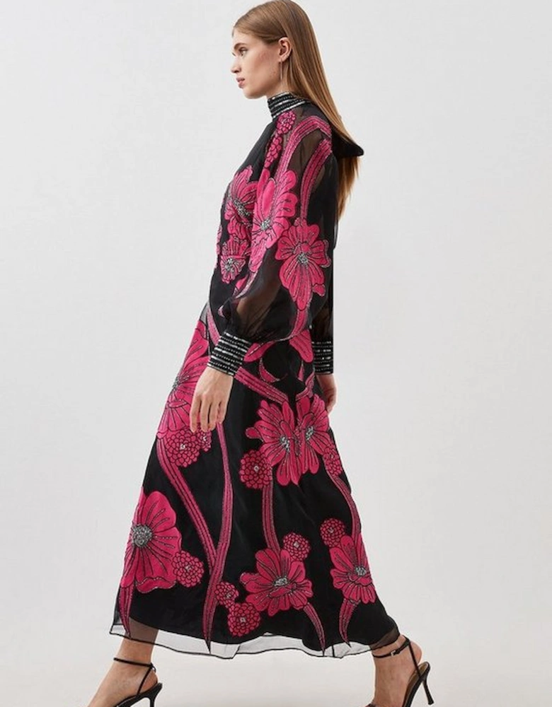 Applique Organdie Floral Graphic Woven Maxi Dress