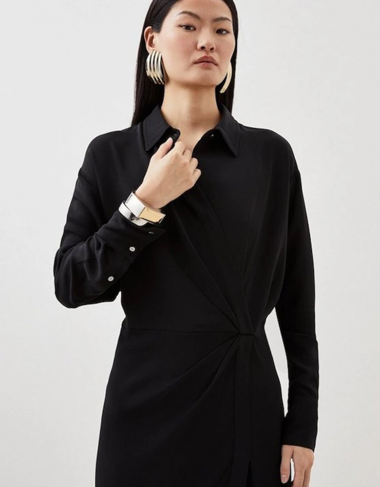 Viscose Crepe Long Sleeve Woven Midi Shirt Dress