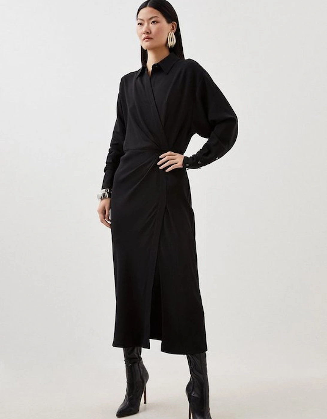 Viscose Crepe Long Sleeve Woven Midi Shirt Dress, 5 of 4