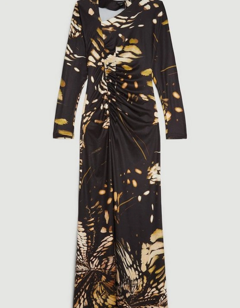 Butterfly Print Asymmetric Jersey Crepe Maxi Dress