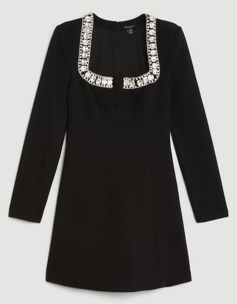 Tailored Compact Viscose Stretch Embellished Sleeve Mini Dress