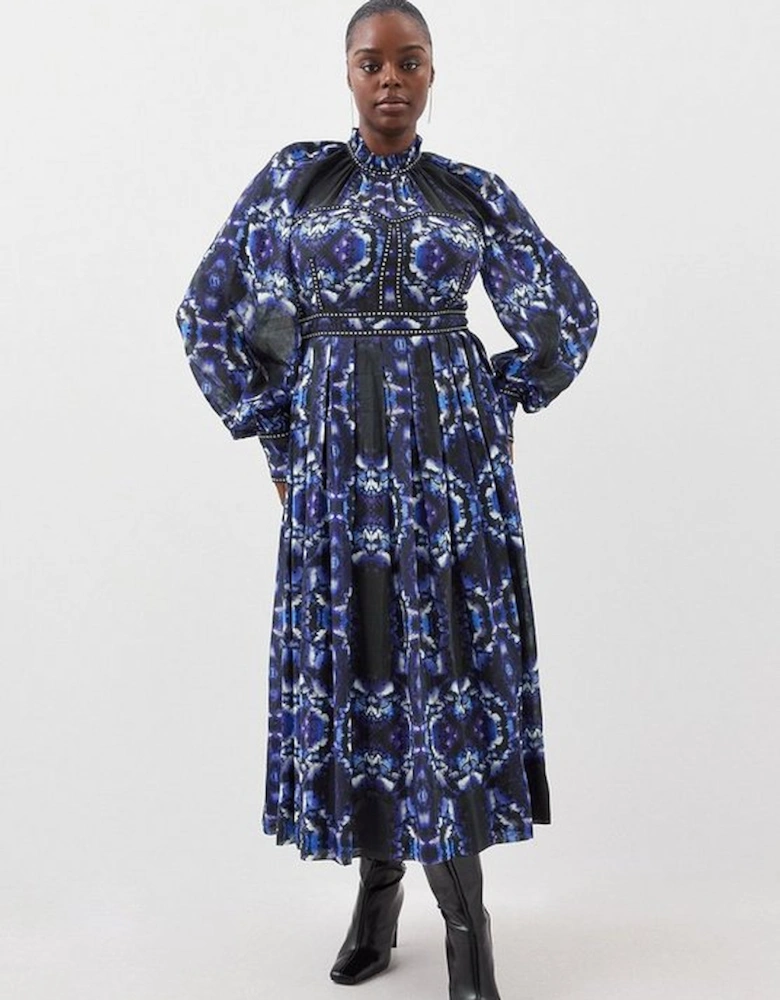 Plus Size Silk Cotton Border Print Woven Midi Dress